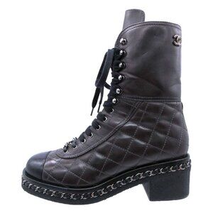 Chanel Boots Combat Lace Up Quilted Leather Chain Decoration Cap Toe 38
